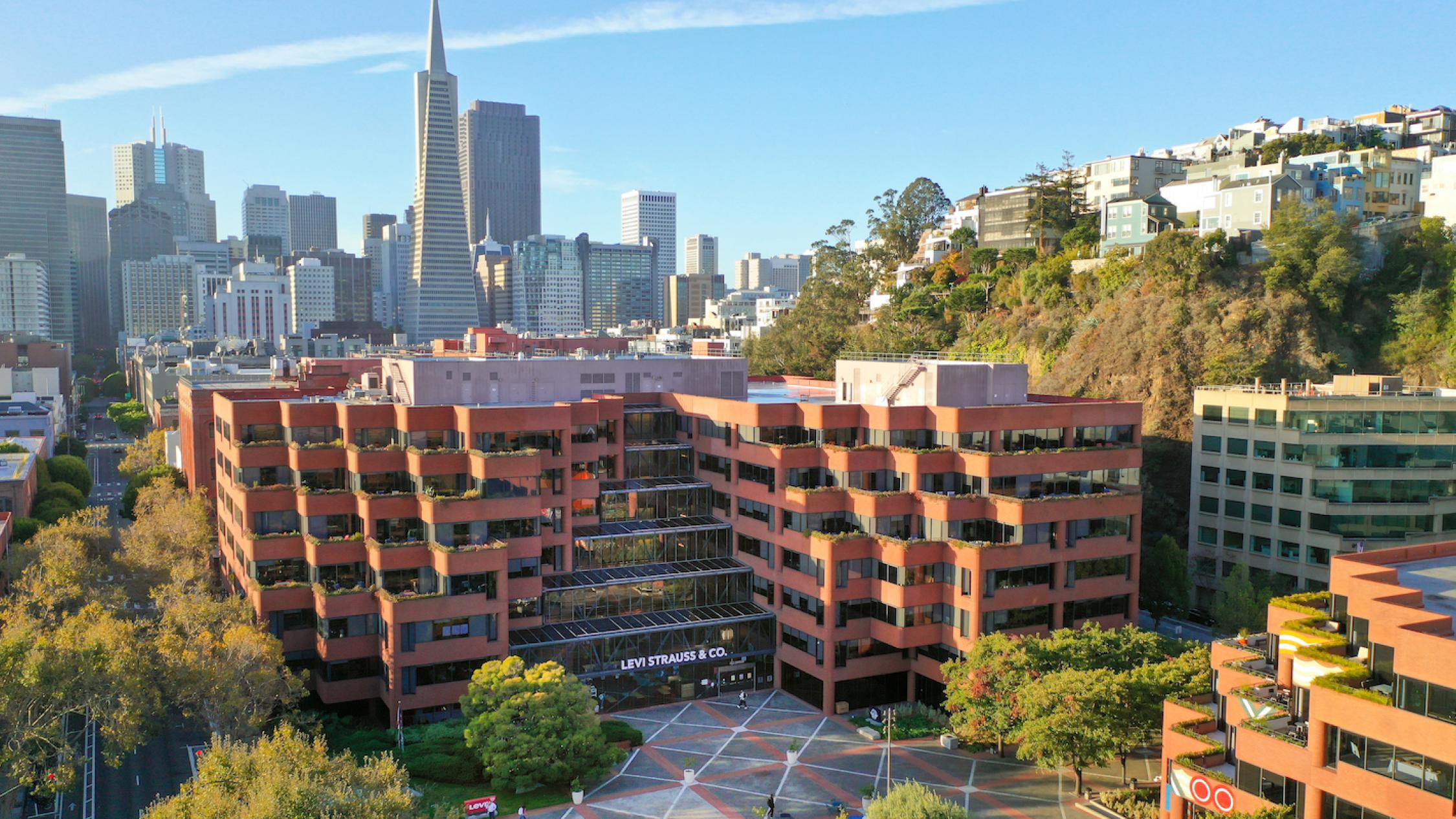 Levi's Plaza viewed from above with the San Francisco skyline behind