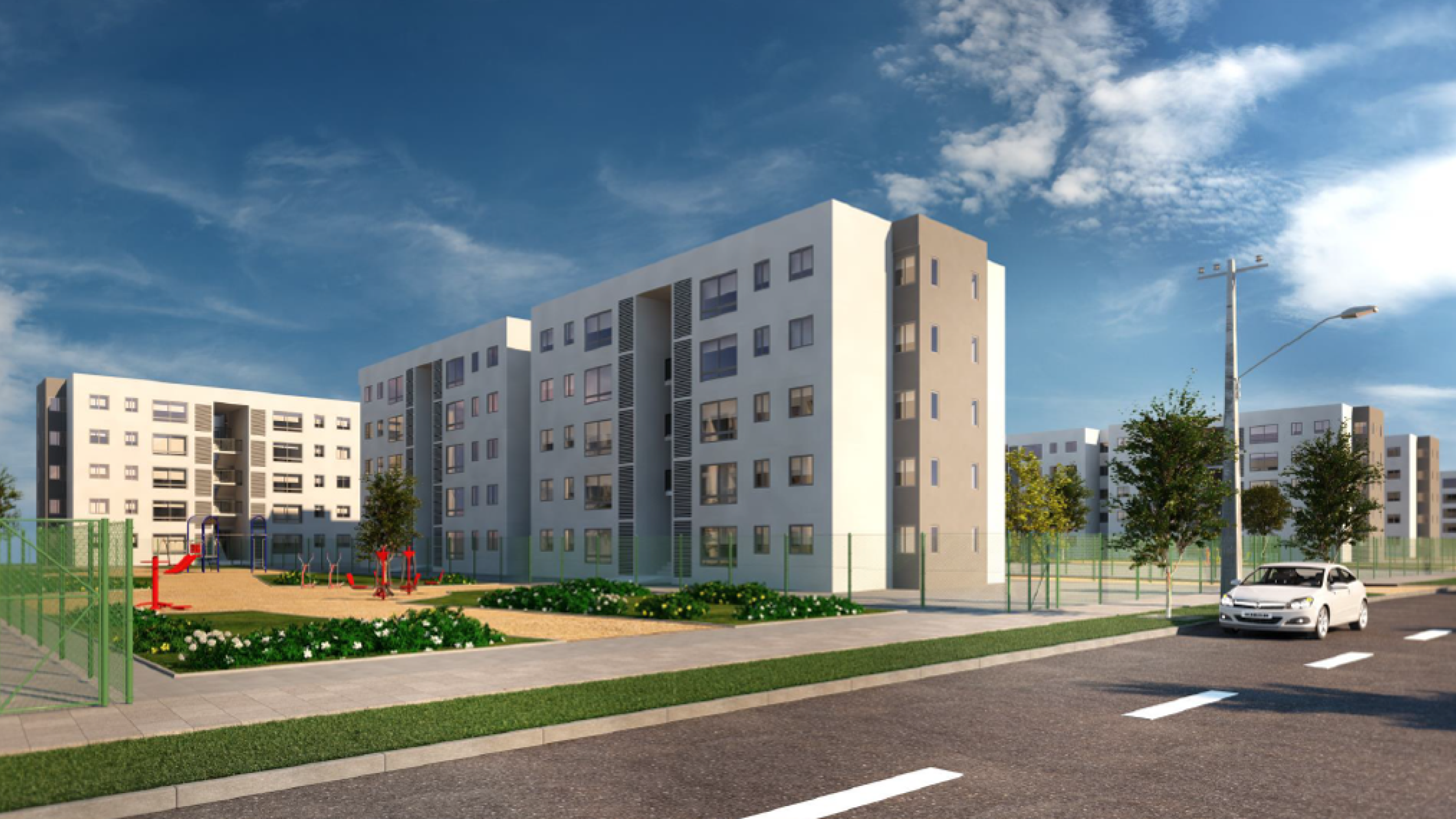 Rendering of a white building with a street in the foreground with a car passing by