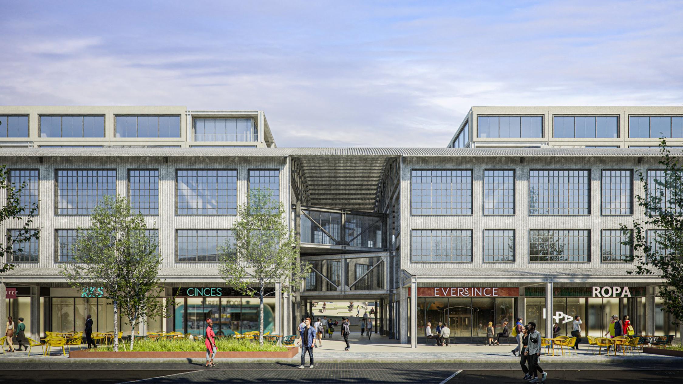Raleigh Iron Works rendering of exterior with visitors walking along sidewalks facing retail stores and restaurants