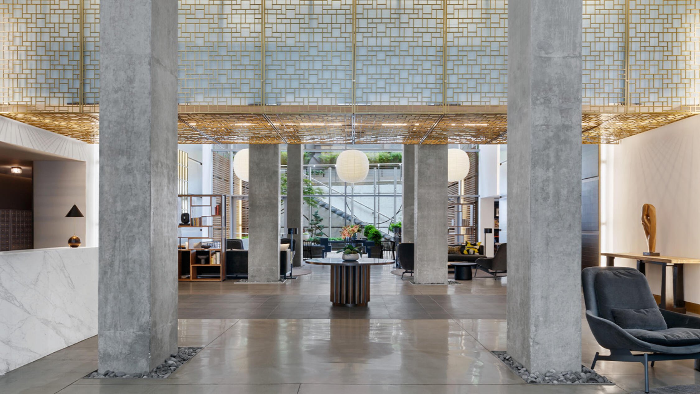 The stylish concrete lobby of 88 Leonard