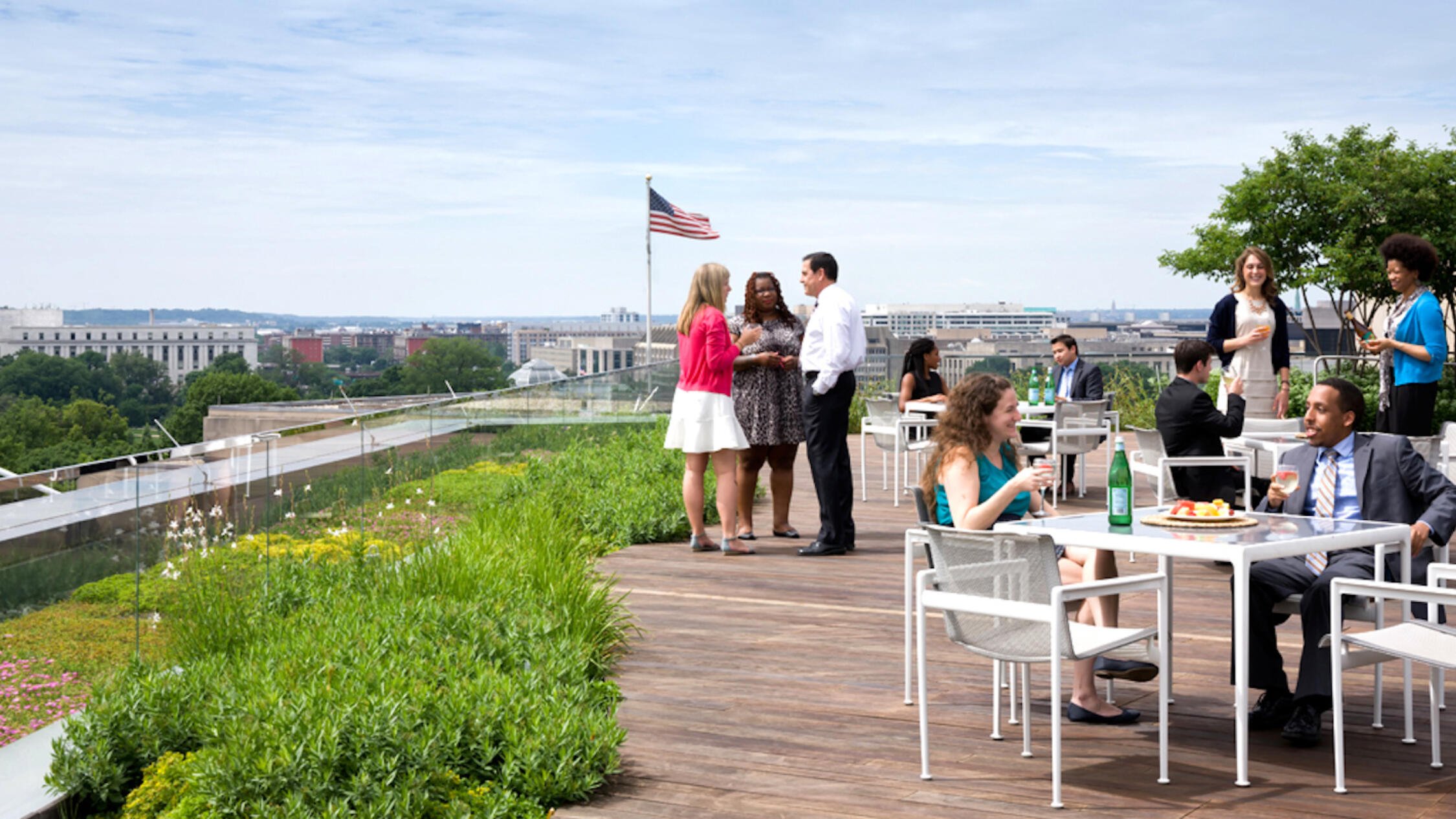 People converse atop America's Square