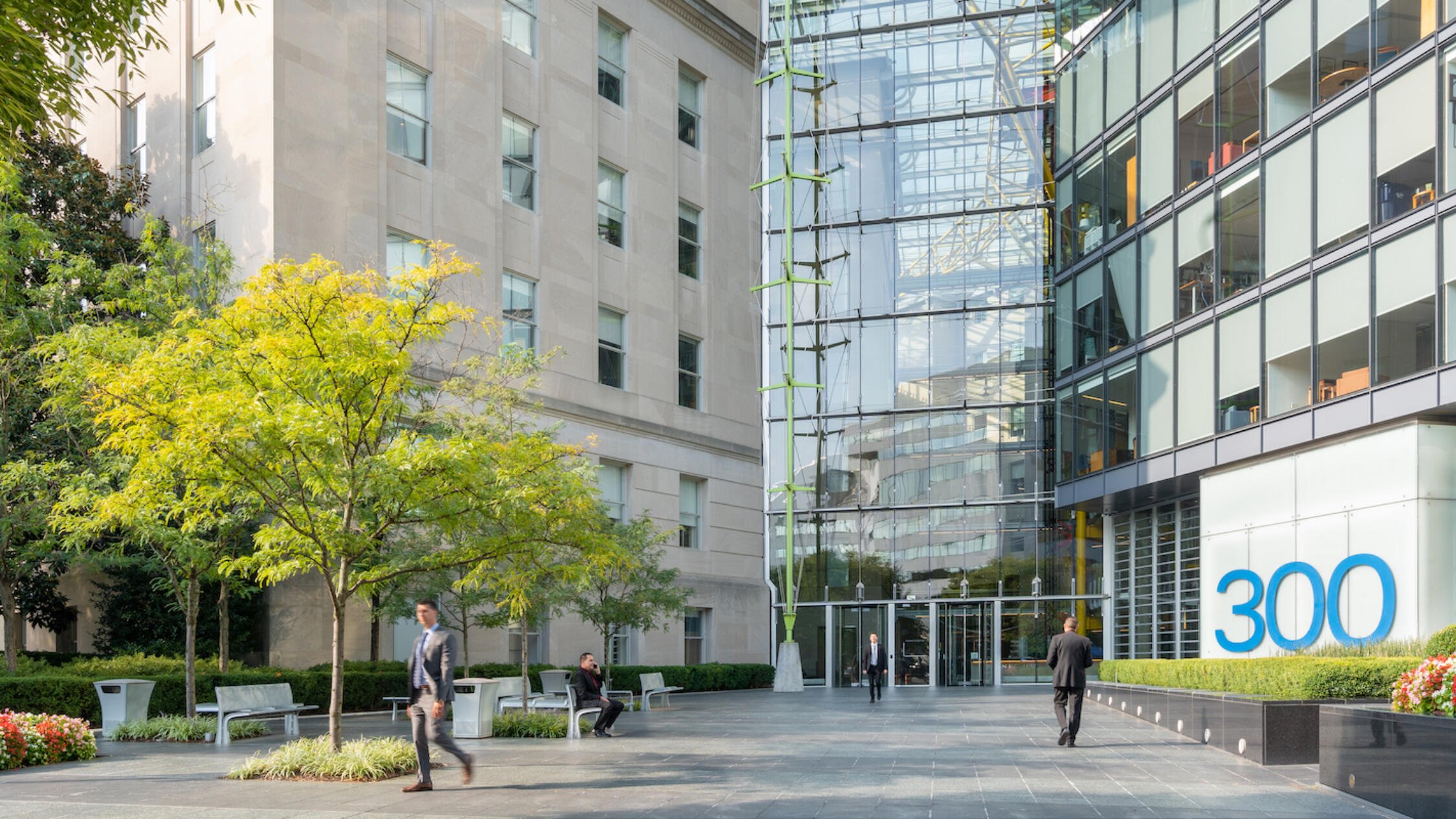 People walk outside America's Square entrance