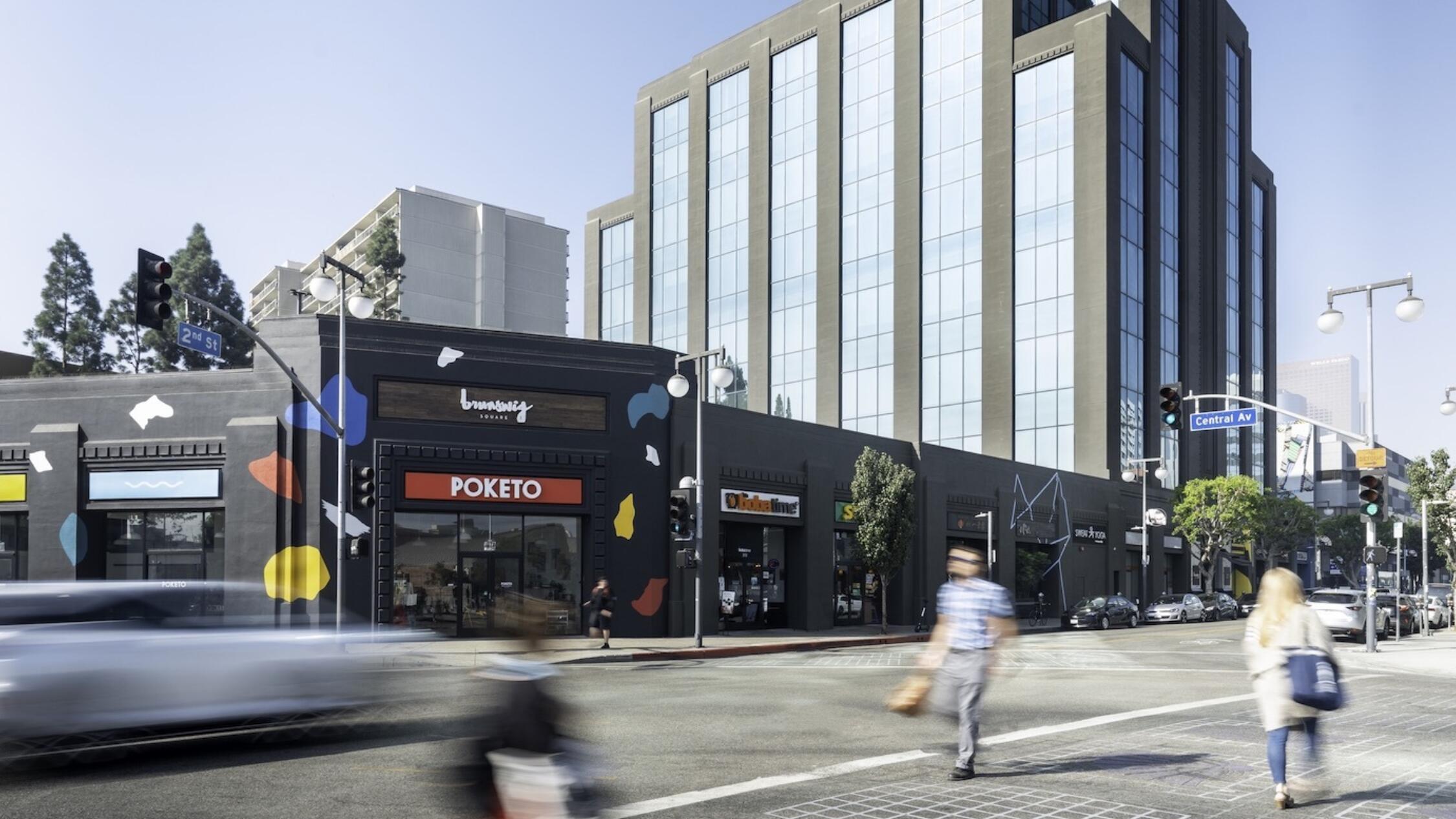 Brunswig Square retail facades, with its office mid-rise in background