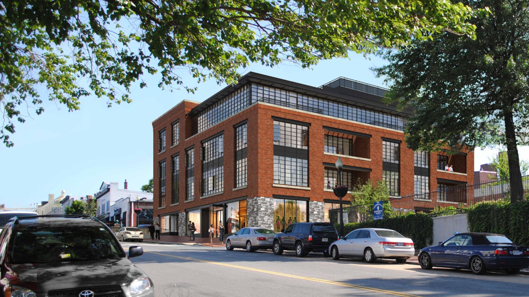 Rendering of brick building with street in foreground