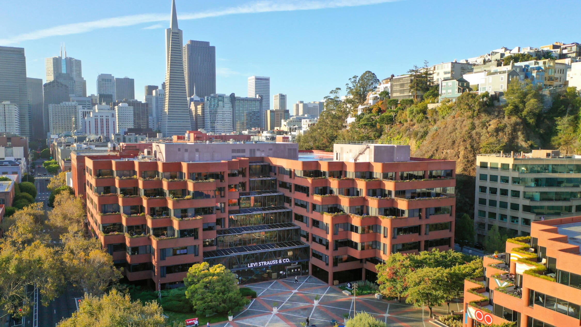 Levi's Plaza viewed from above with the San Francisco skyline behind