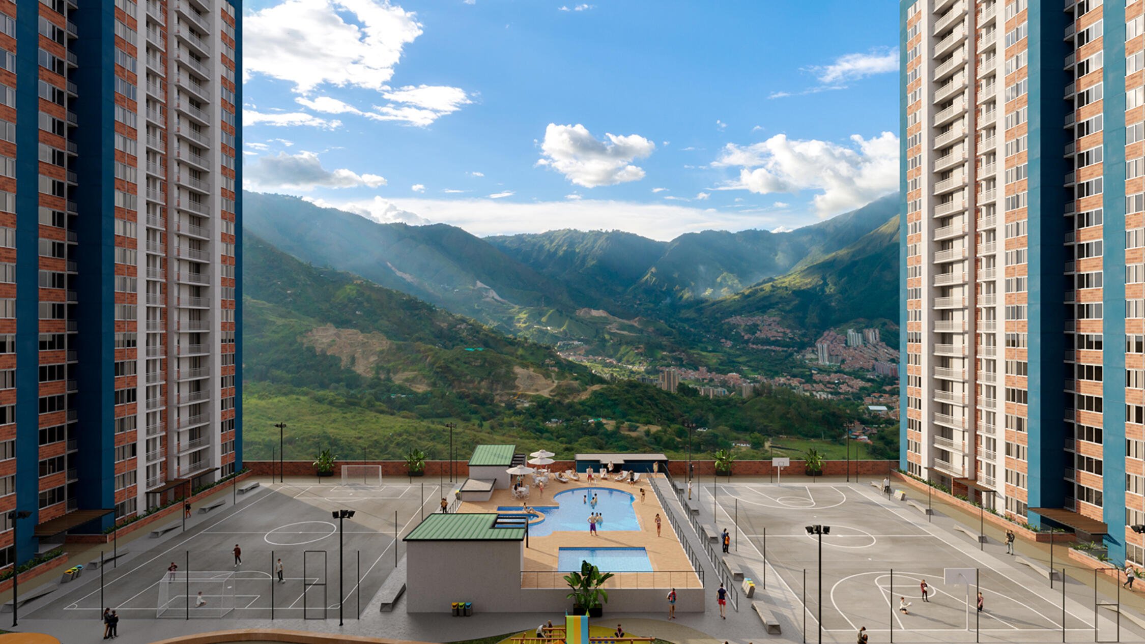 Rendering of apartment complex with sports courts in the middle and mountains in the distance.