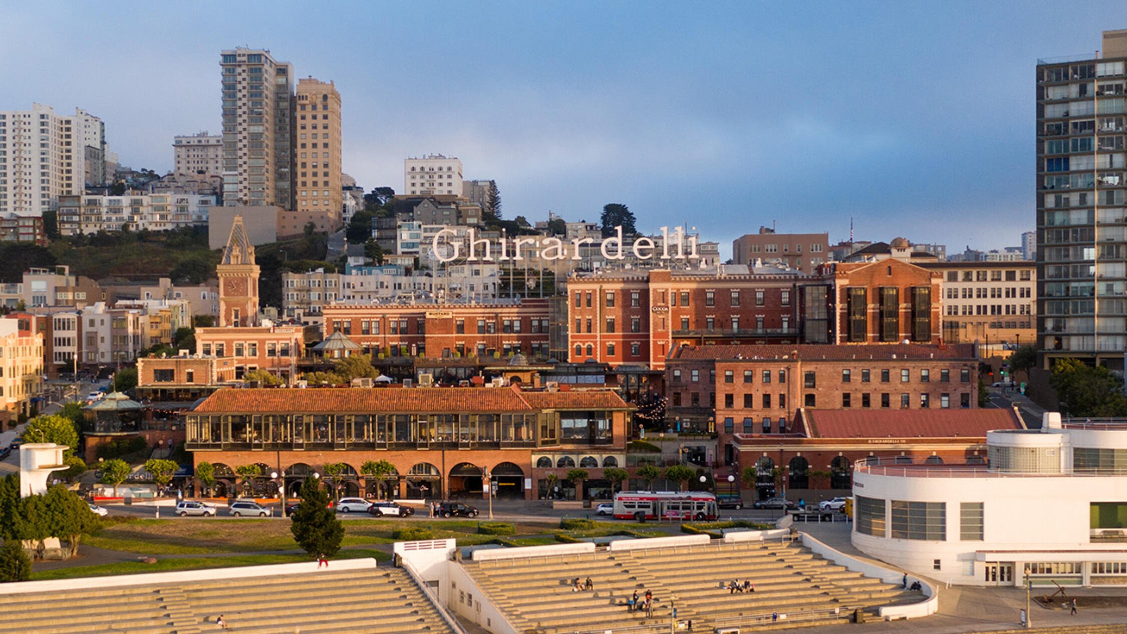 Ghirardelli Square seen from the air at sunset