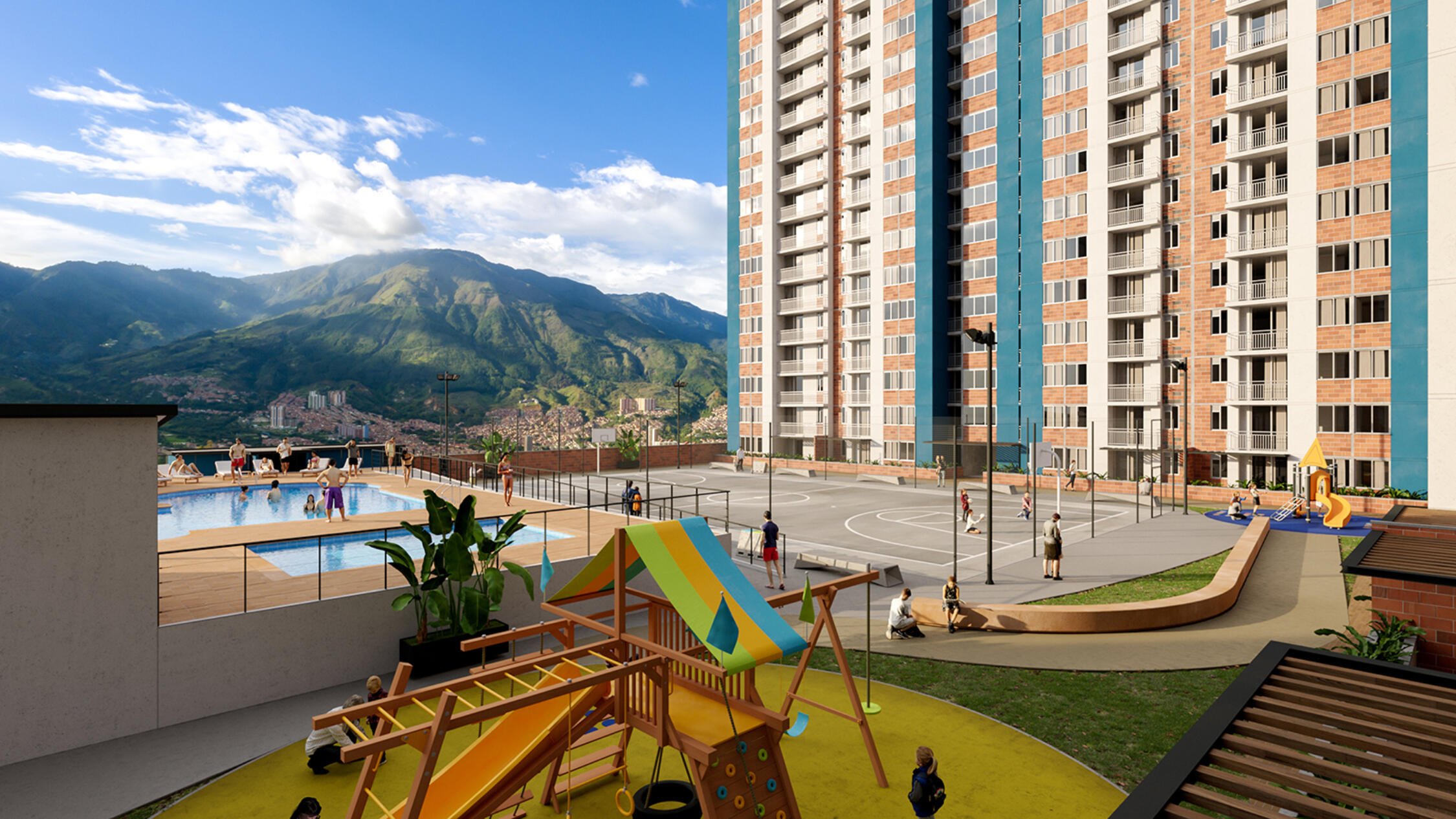 Rendering of apartment building with pool and playground in foreground and mountains and blue sky in background