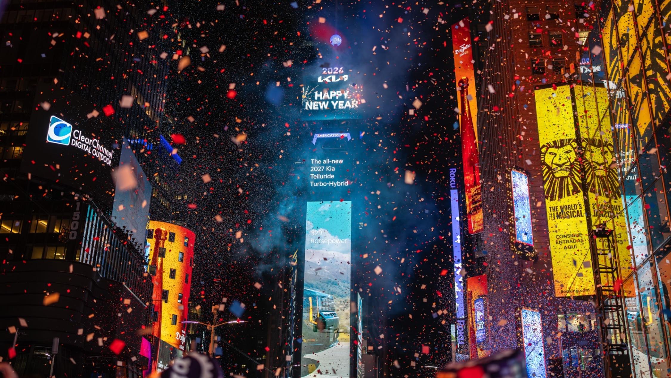 Confetti showering down upon Times Square during the New Year's Eve 2026 celebration with the iconic Ball Drop atop the One Times Square building