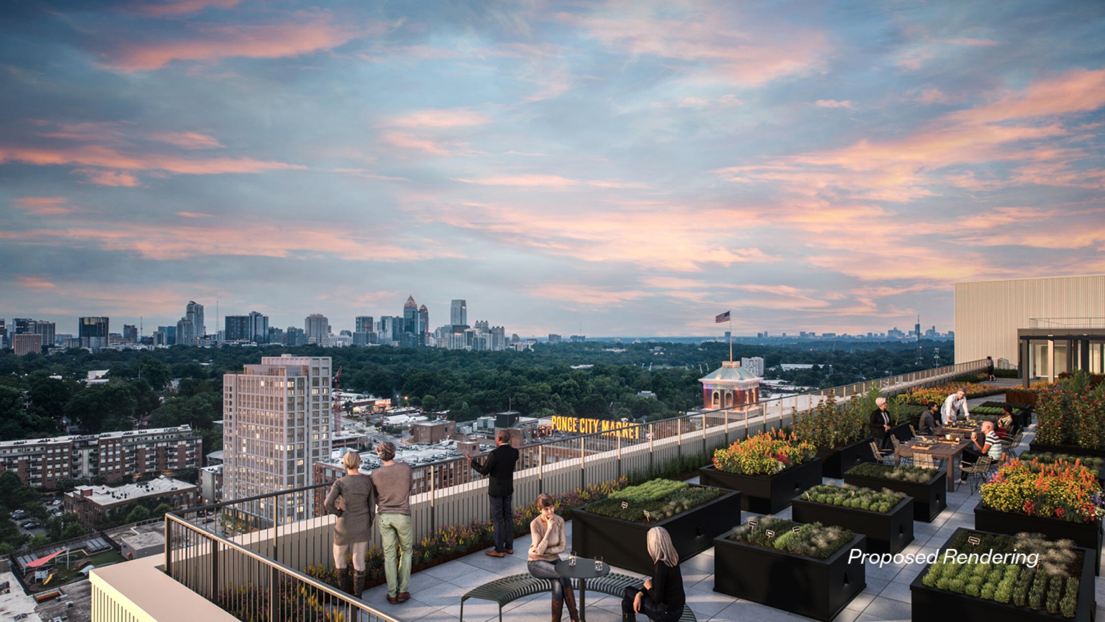 A rendering of a rooftop terrace overlooking Ponce City Market