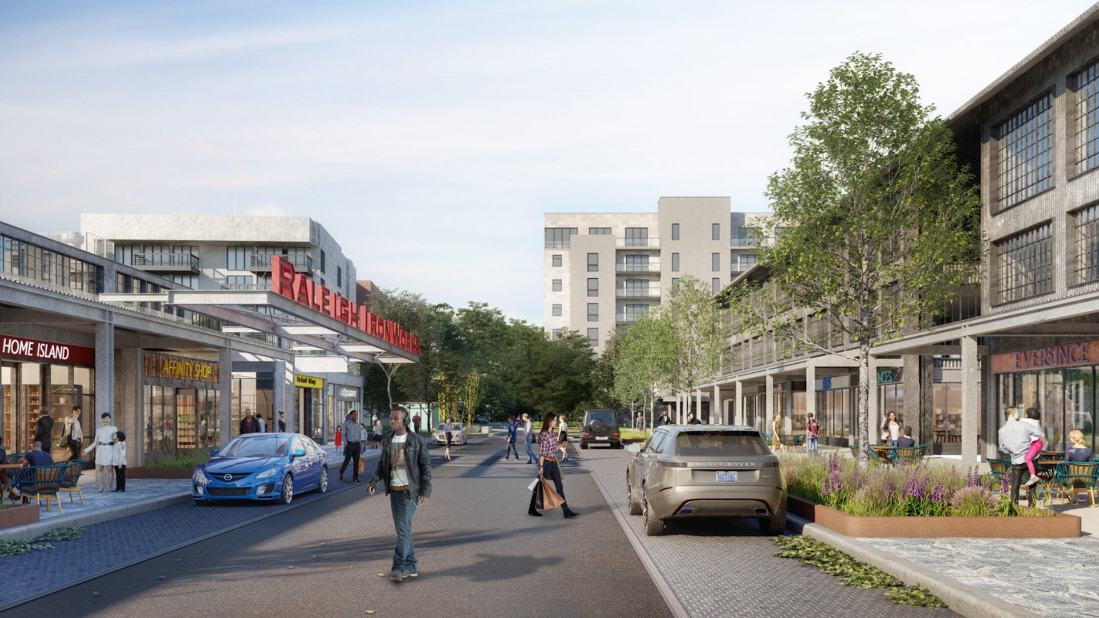 Raleigh Iron Works rendering of exterior with visitors walking along sidewalks facing retail stores and restaurants