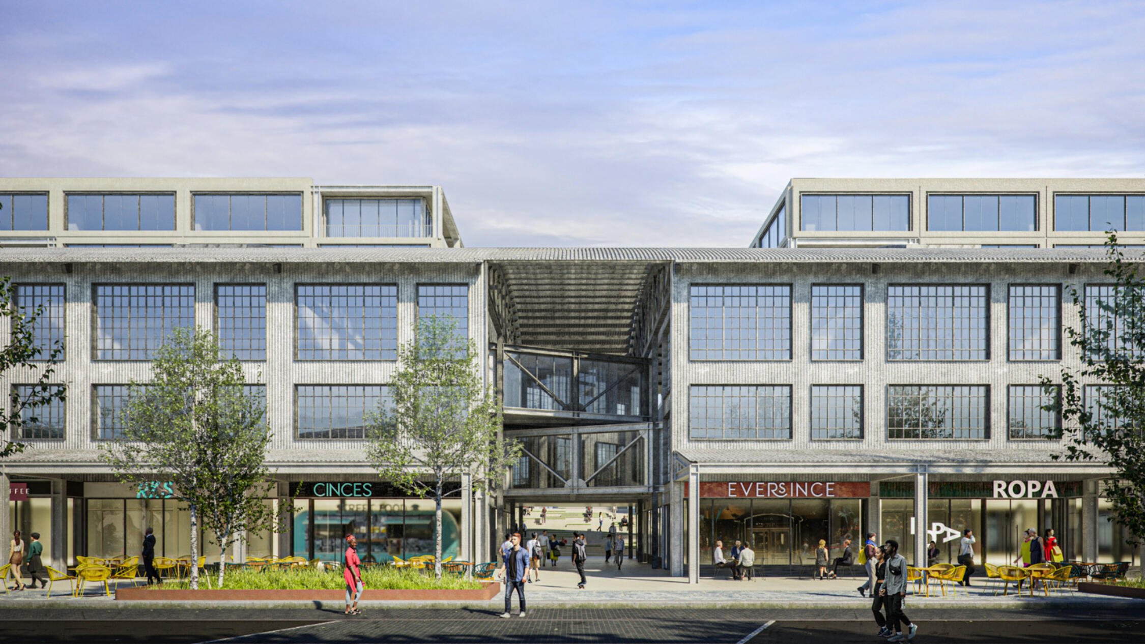 Raleigh Iron Works rendering of exterior with visitors walking along sidewalks facing retail stores and restaurants