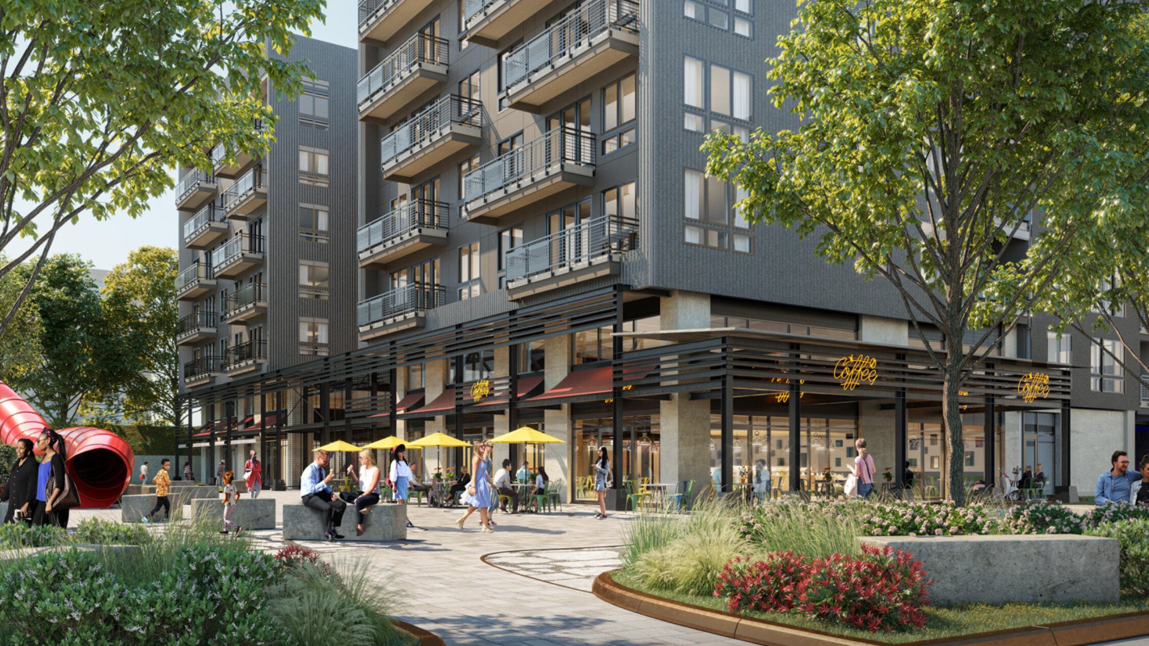 Raleigh Iron Works rendering of exterior with visitors walking along sidewalks facing retail stores and restaurants