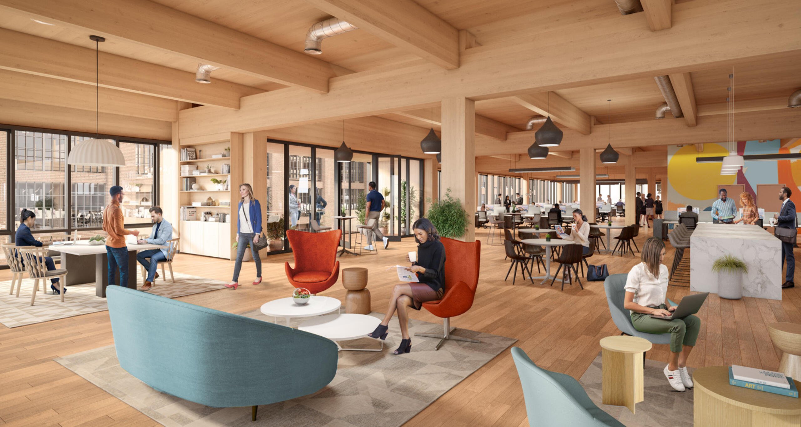 Rendering of larger, open office space with many workers inside 619 Ponce