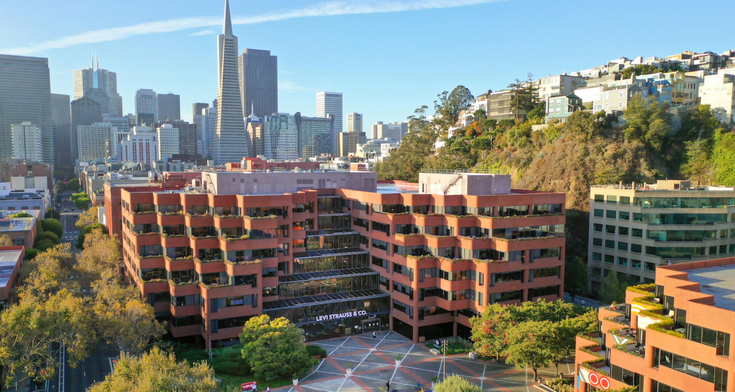 Levis Plaza with the San Francisco skyline in the background viewed from above