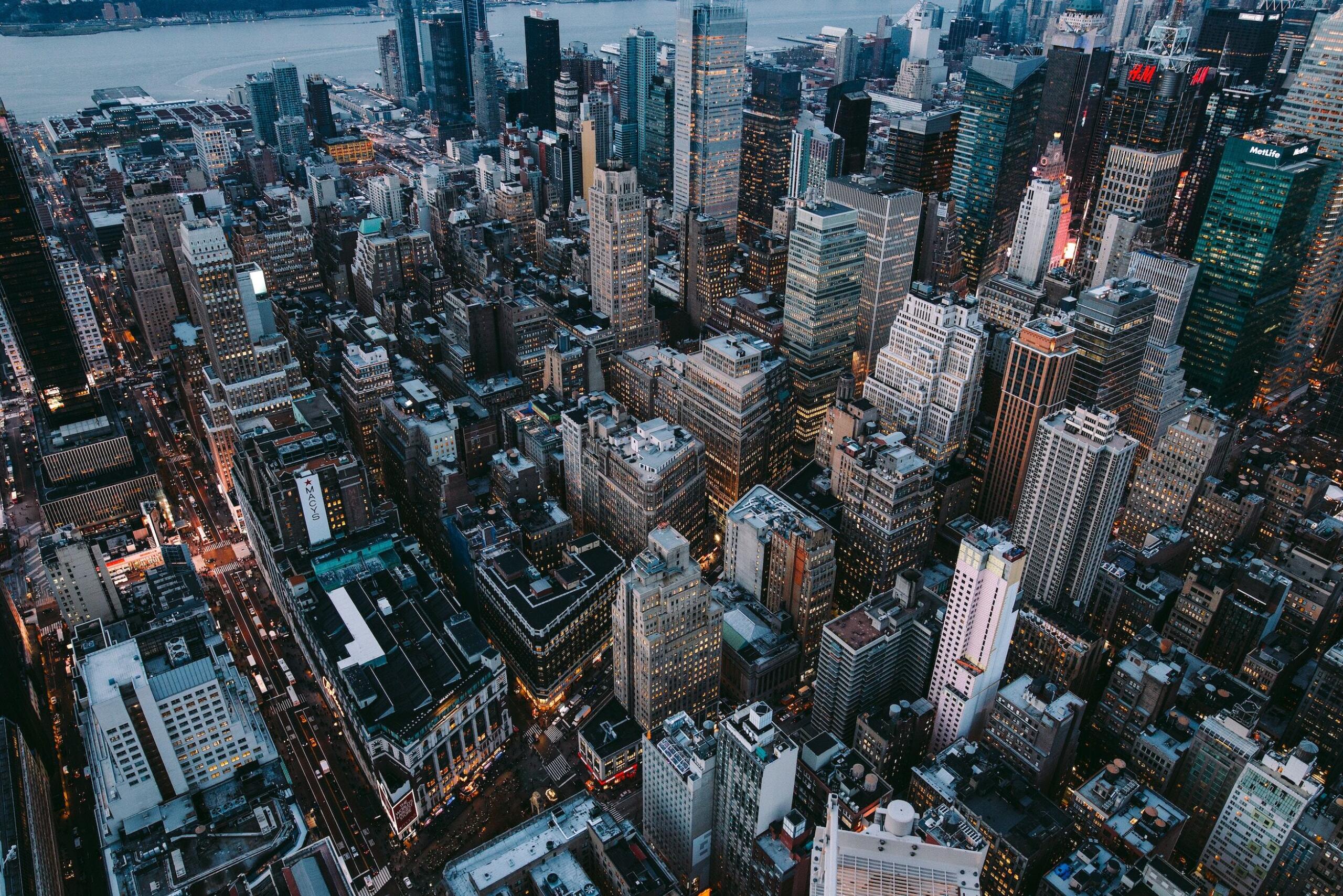 Aerial shot of New York City at dusk