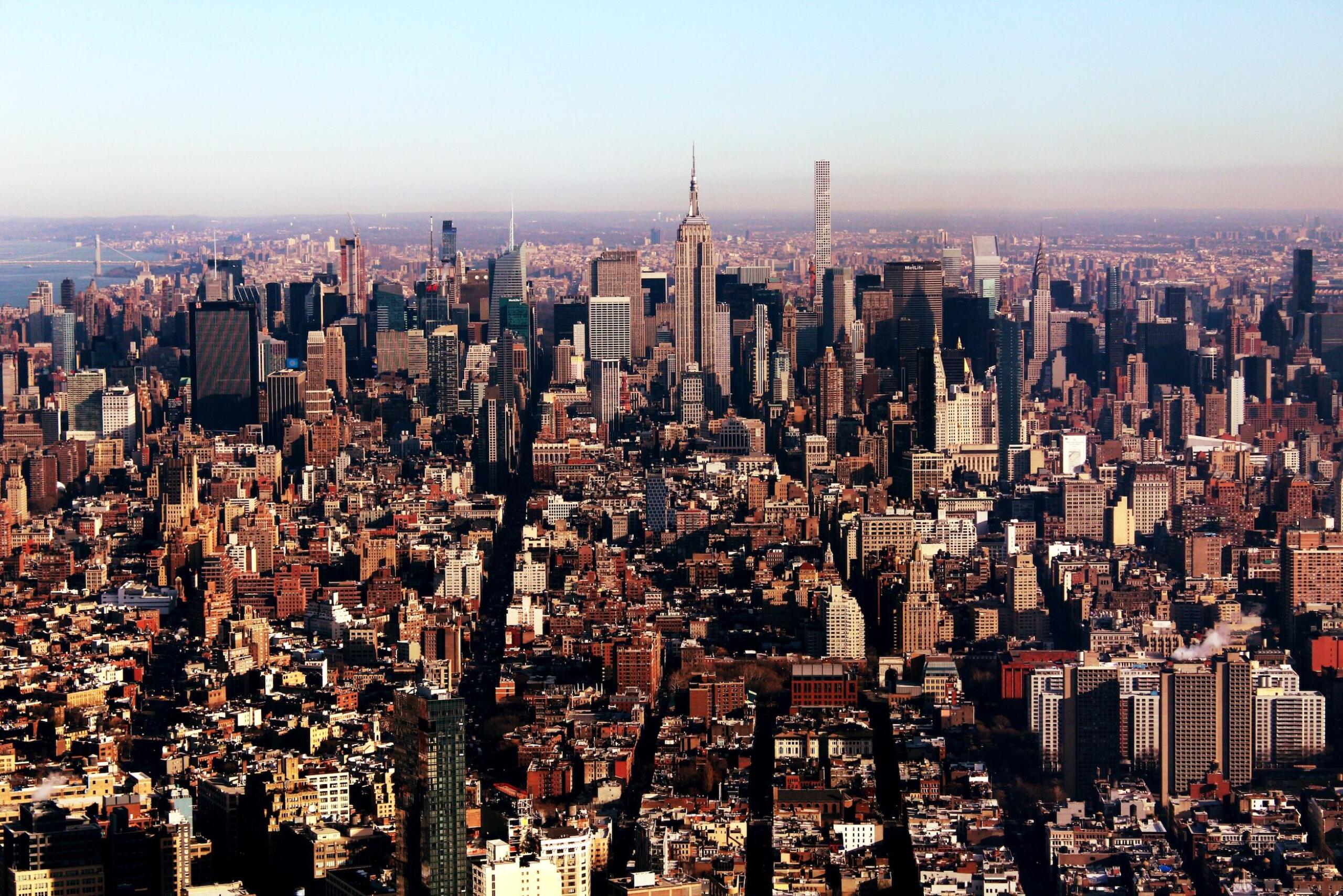 Wide aerial shot of Manhattan, New York City