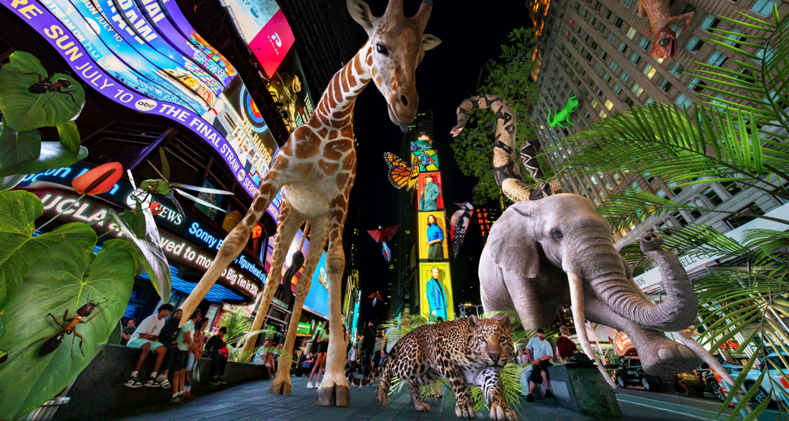 Concrete Jungle augmented reality animals in One Times Square, with live humans on the street amidst digital billboards