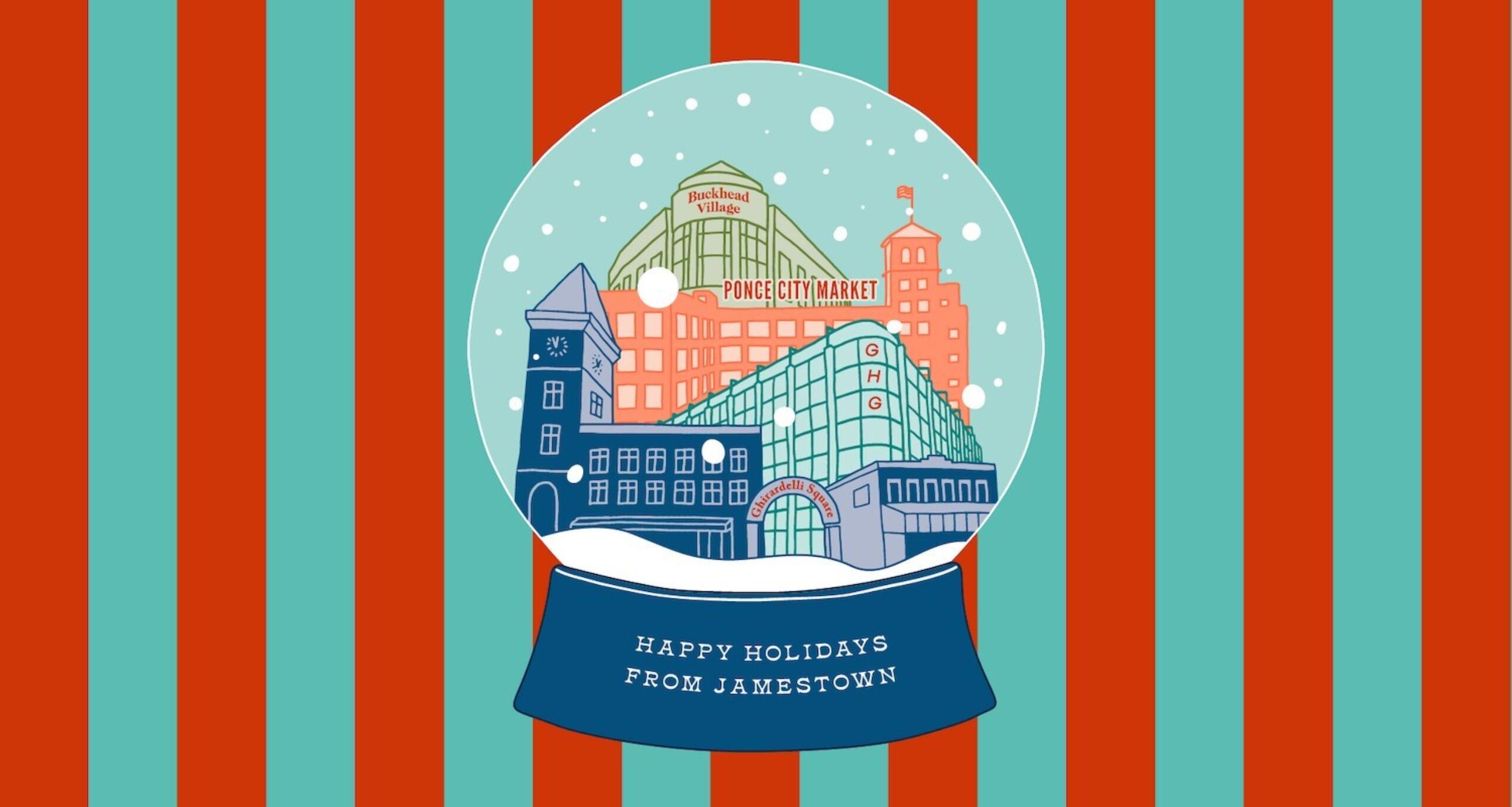 Illustration of snow globe with several buildings inside labeled Happy Holidays from Jamestown