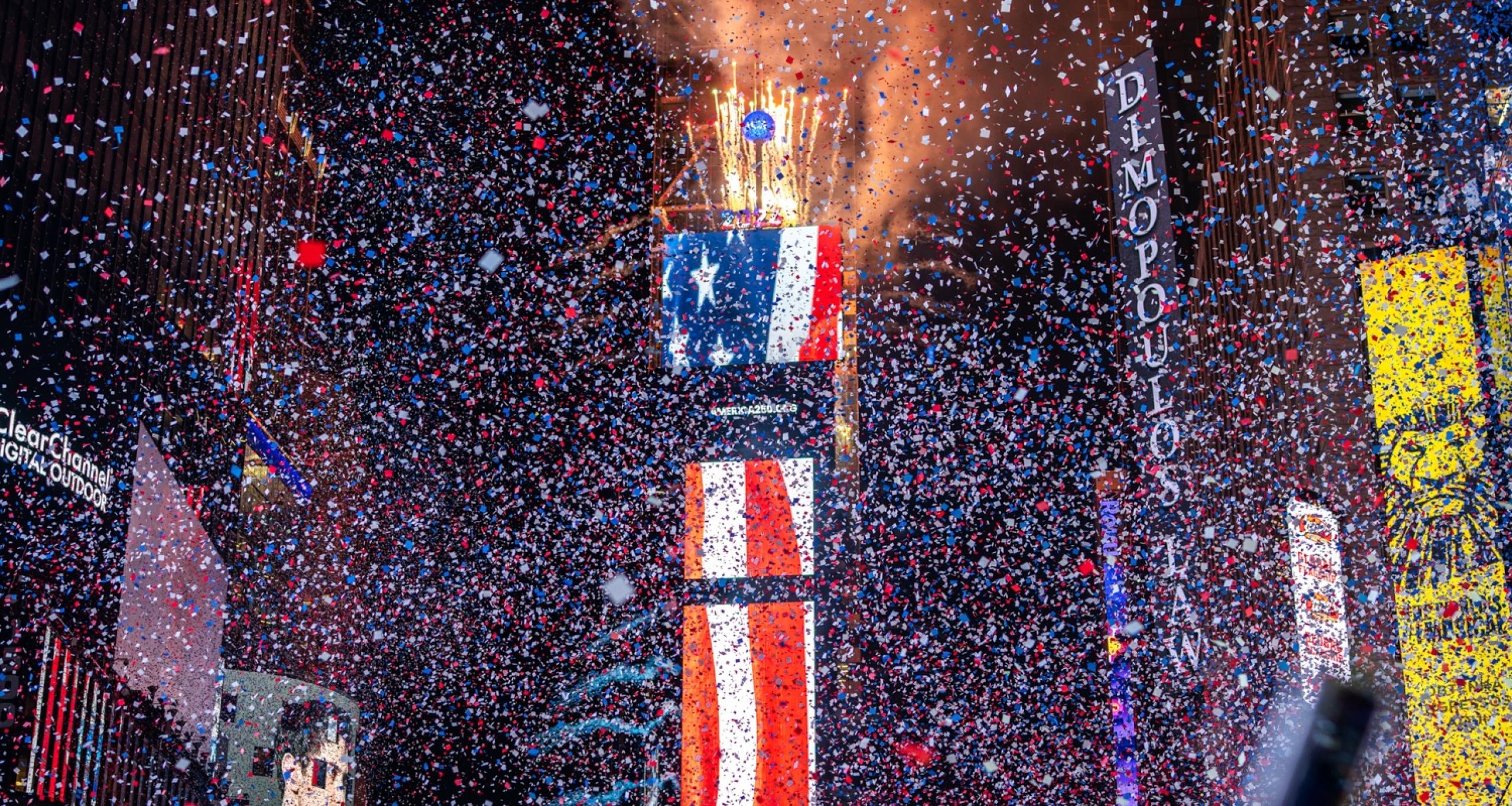 The American flag displayed on One Times Square's digital screens during New Year's Eve 2026