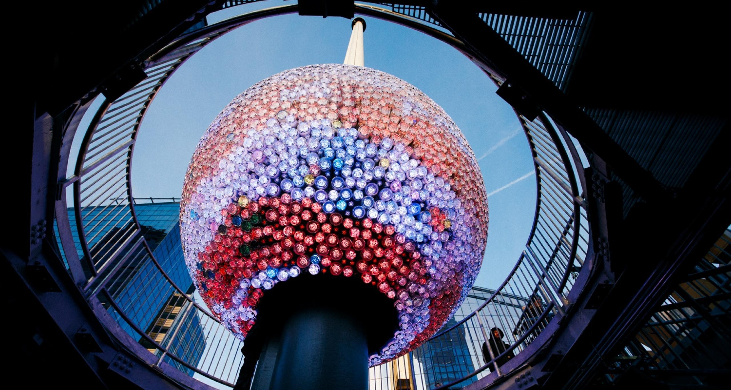 A view of the One Times Square New Year's Eve Ball from below