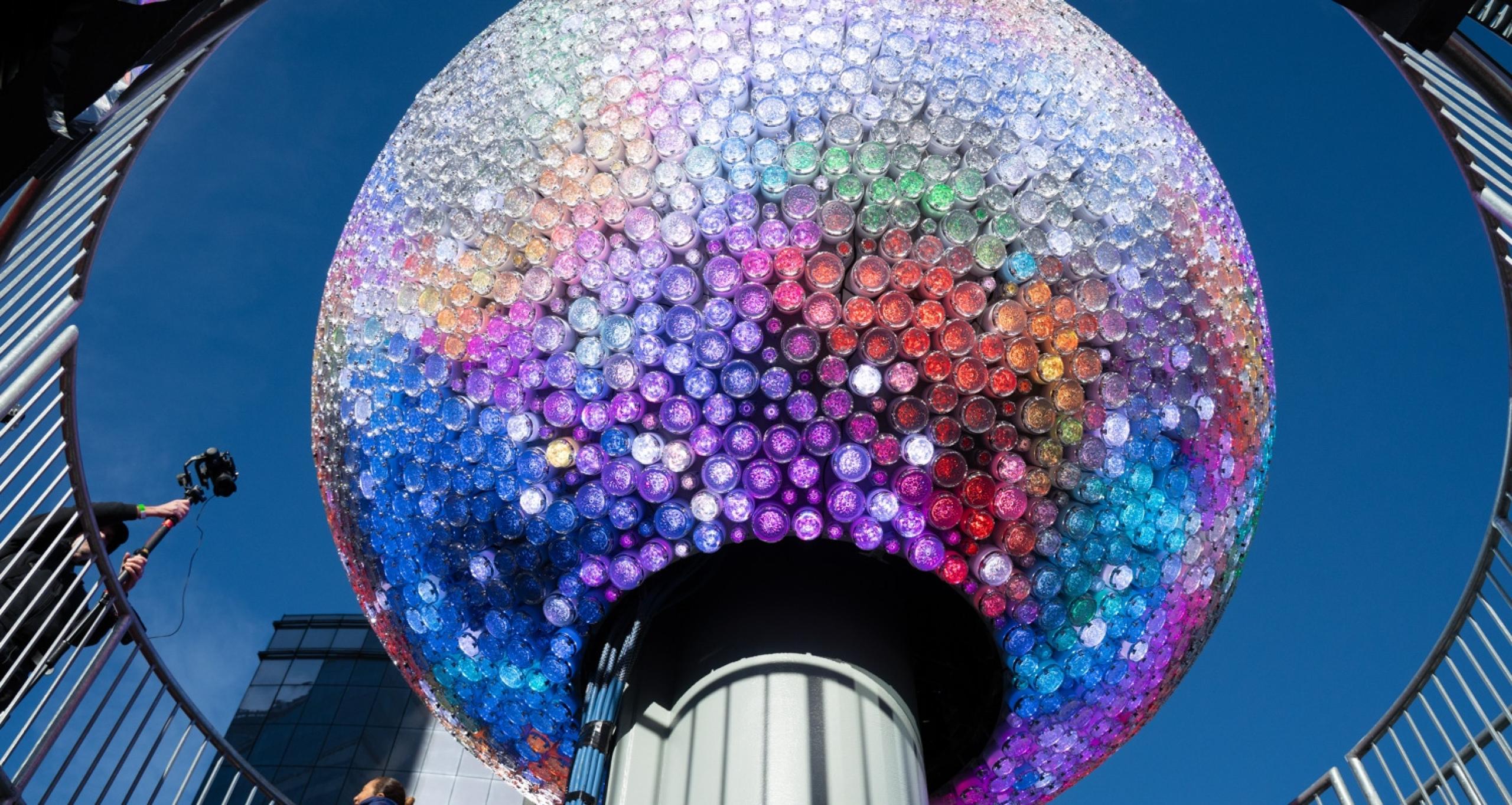 Looking up at the massive One Times Square New Year's Eve Ball from below