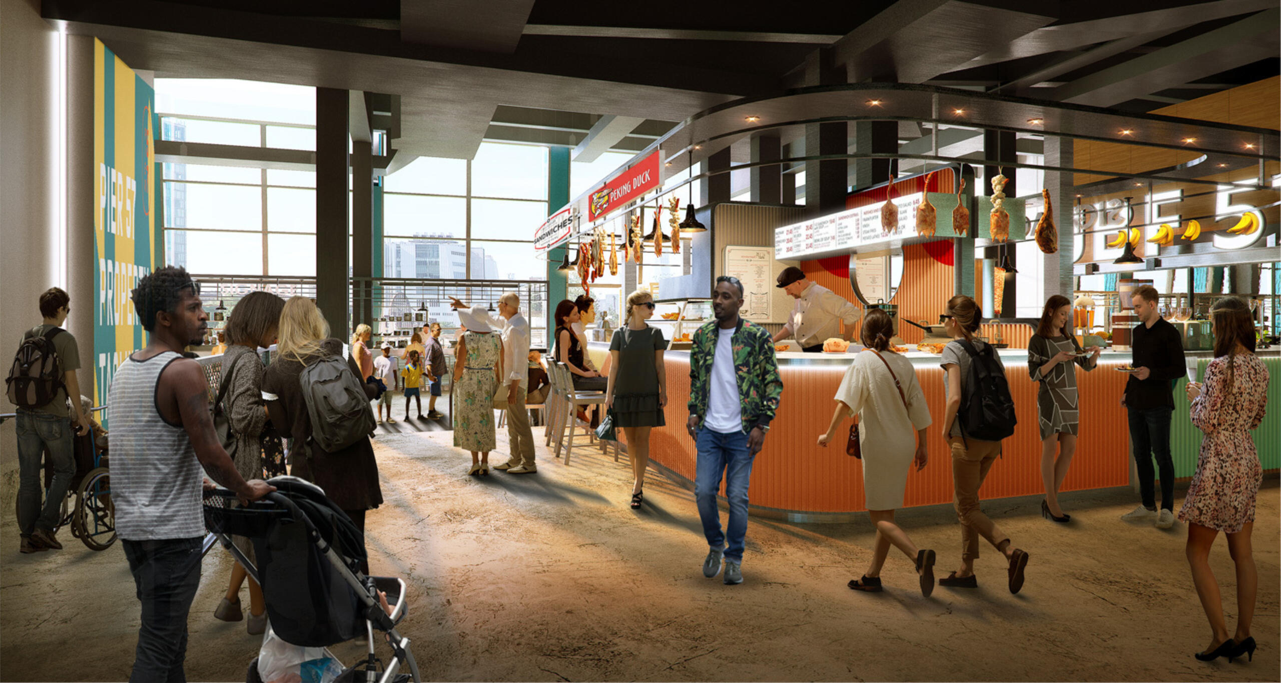 Pier 57 interior rendering with food stalls and visitors