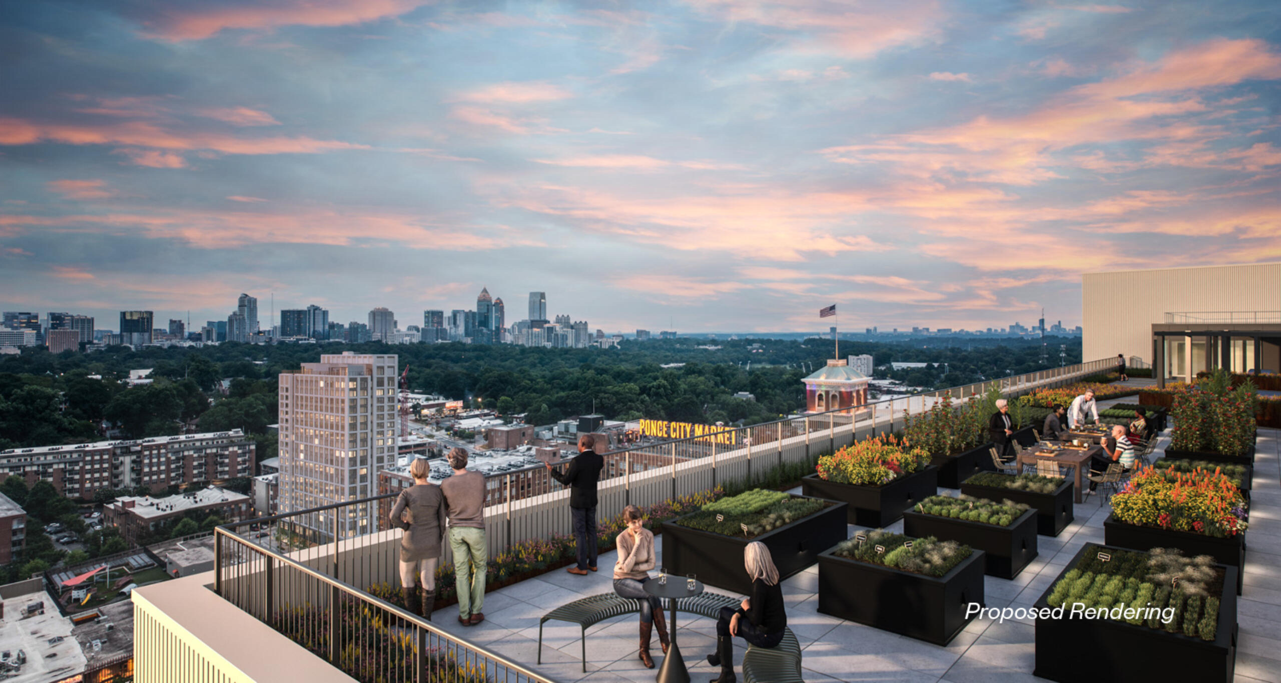 Rendering of apartment tower rooftop with view of Atlanta skyline in background