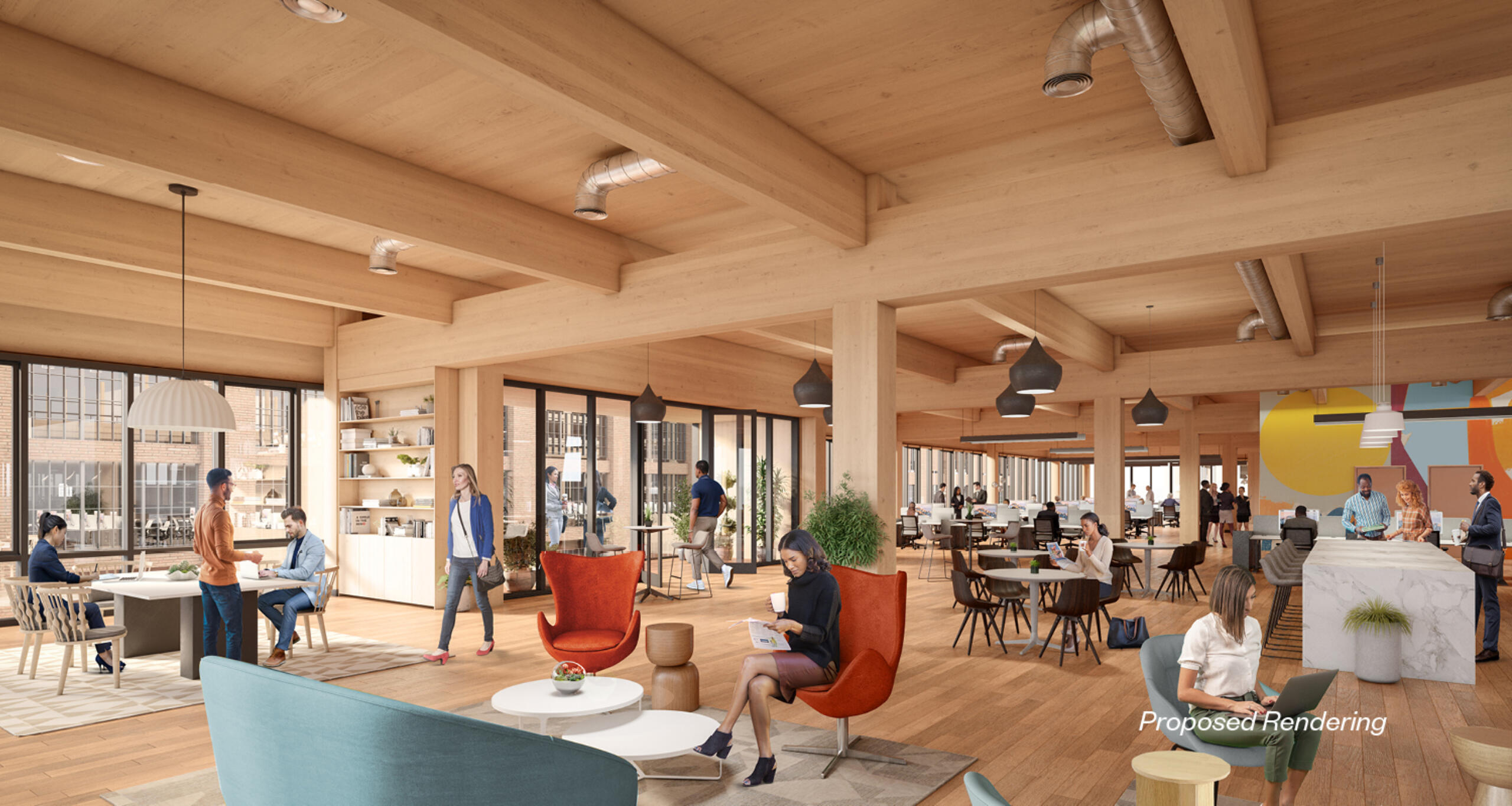 Rendering of people working in an open office space at 619 Ponce