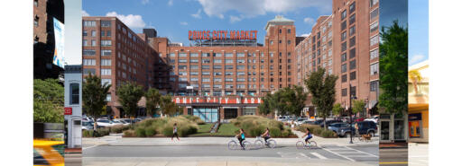 Cyclists and pedestrians moving about outside Ponce City Market in Atlanta, Georgia.