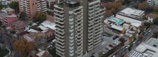 Brown and white apartment building from above