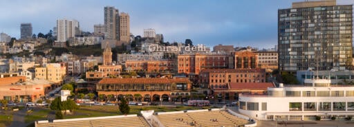 Ghirardelli Square seen from the air at sunset