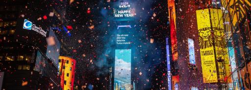 Confetti showering down upon Times Square during the New Year's Eve 2026 celebration with the iconic Ball Drop atop the One Times Square building