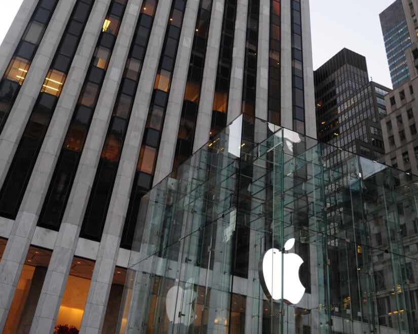 The Apple glass cube flagship store in front of the GM Building in New York City.