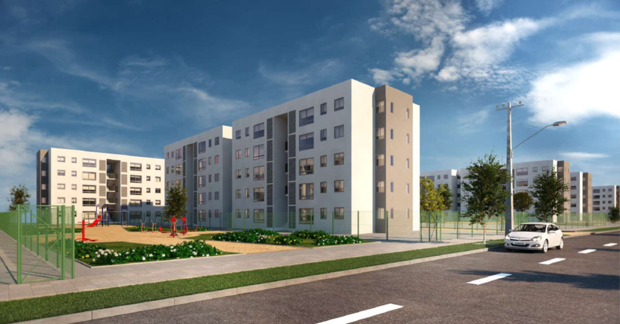 Rendering of a white building with a street in the foreground with a car passing by