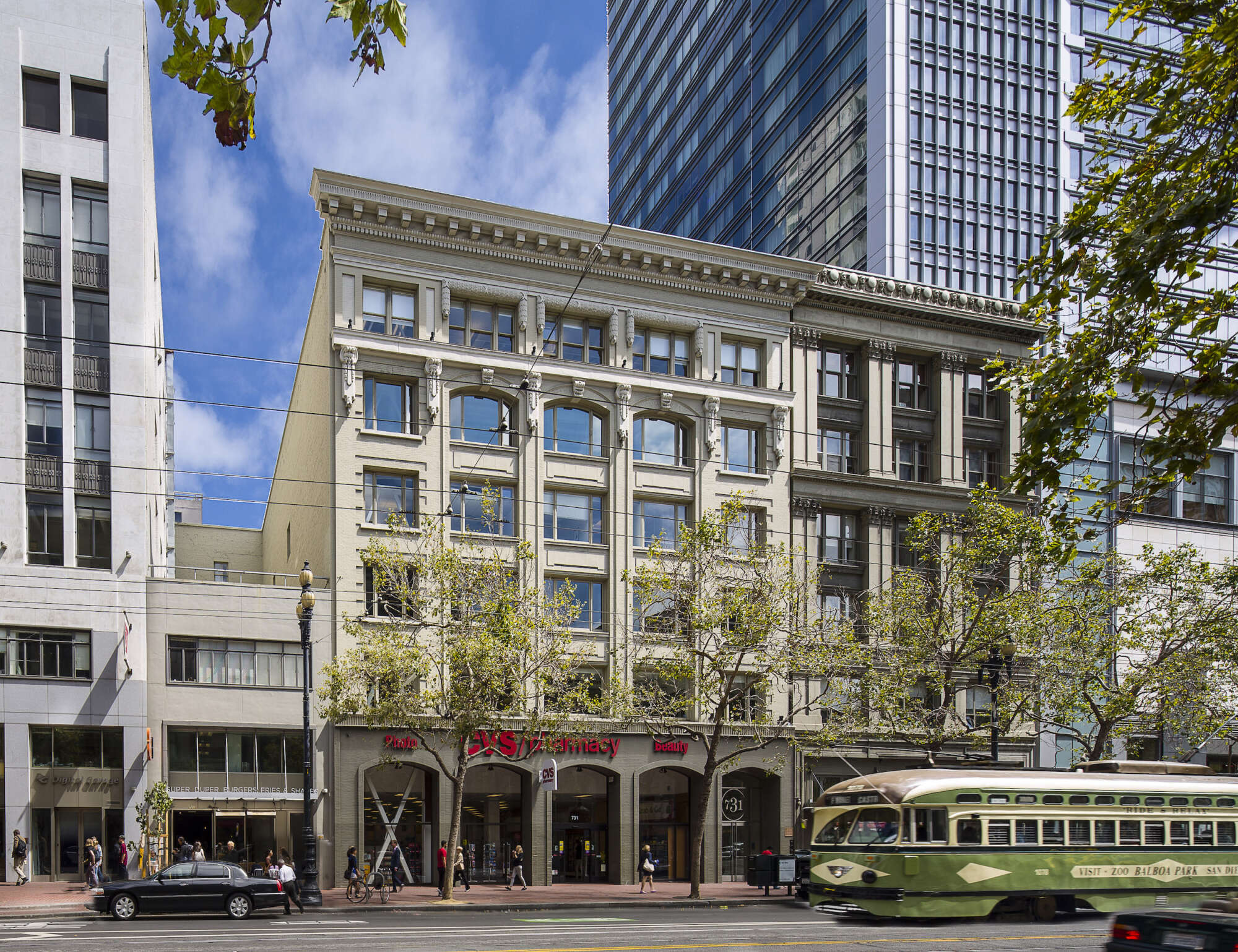 731 Market building facade with streetcar in front