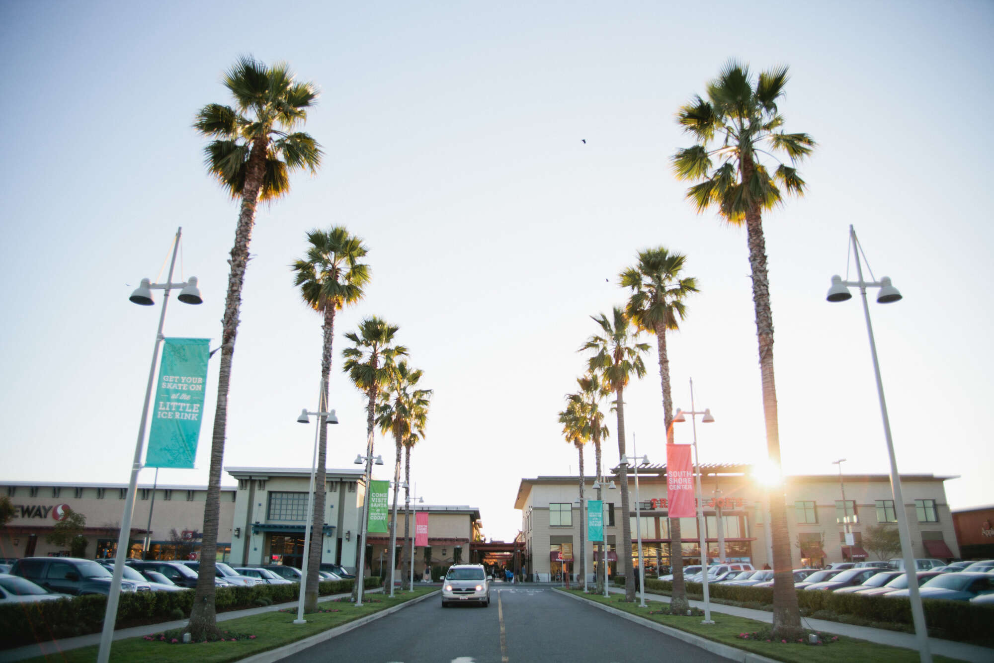 Alameda South Shore Center main entrance to parking lot lined with palm trees and parked cars