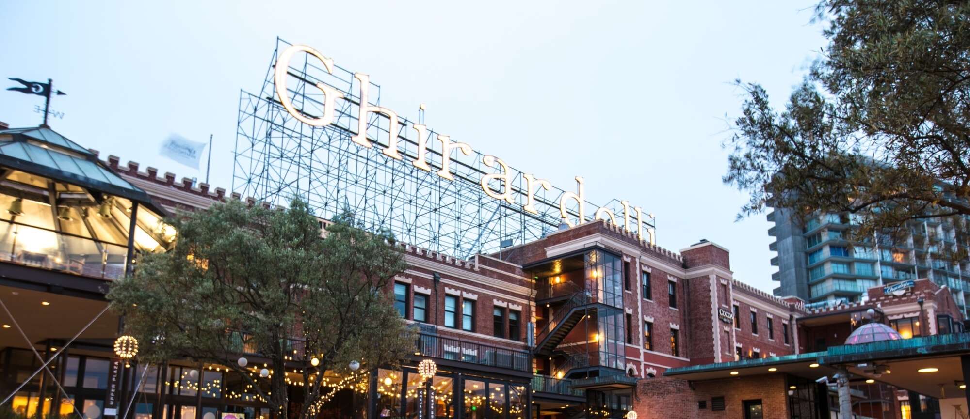 Ghirardelli Square exterior with marquis sign on roof