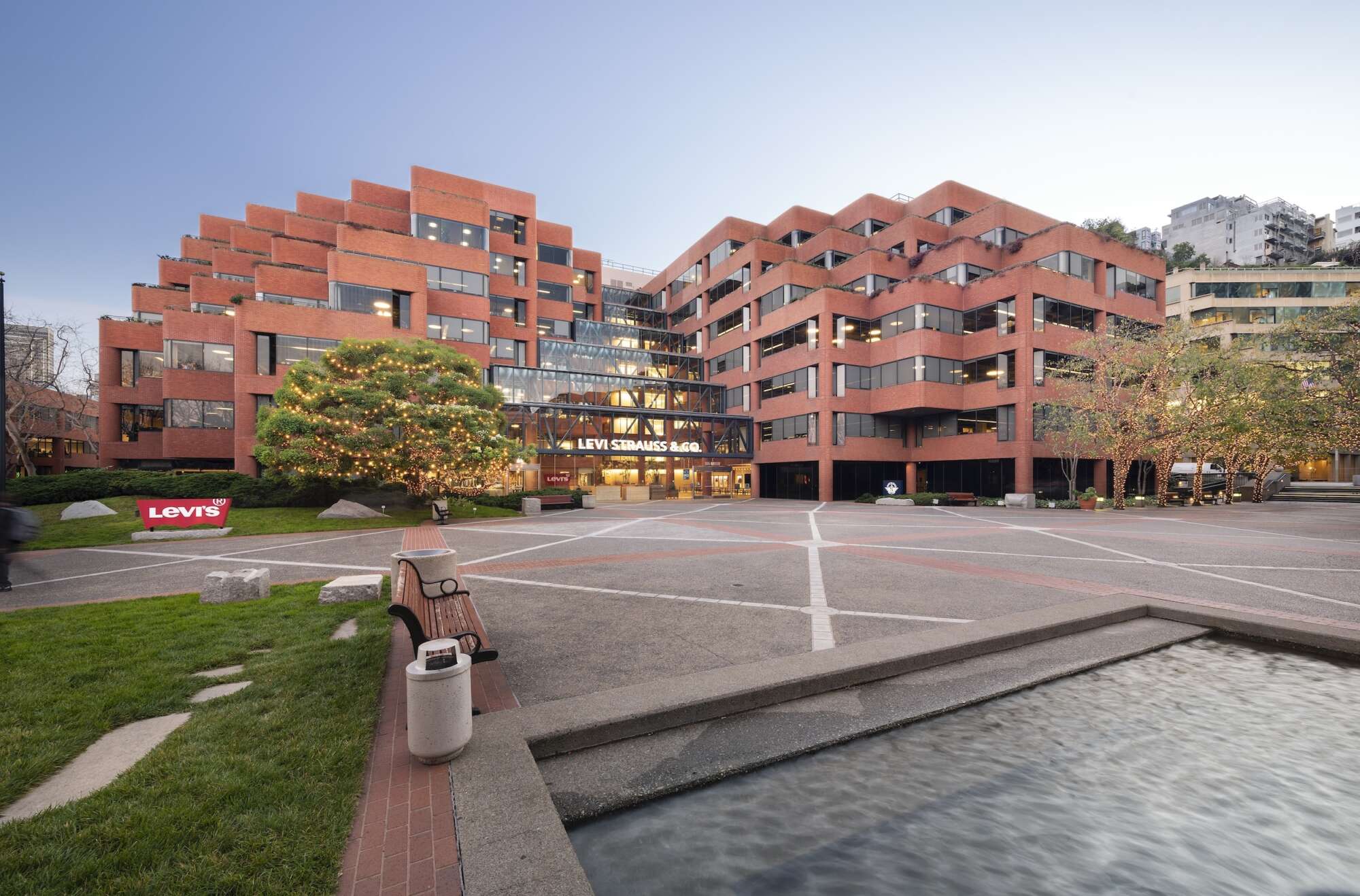 Exterior of Levi's Plaza in San Francisco with water in foreground