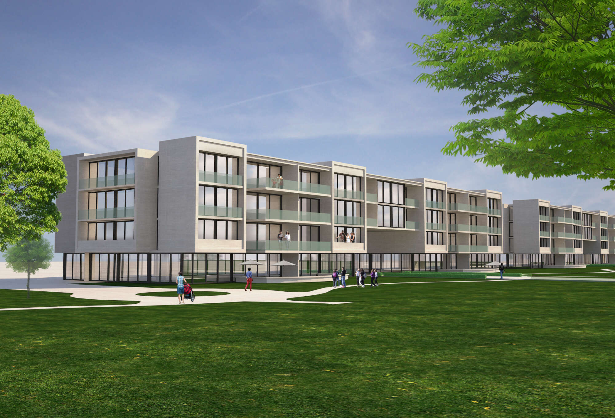 Rendering of a building with people walking by and green grass in the foreground