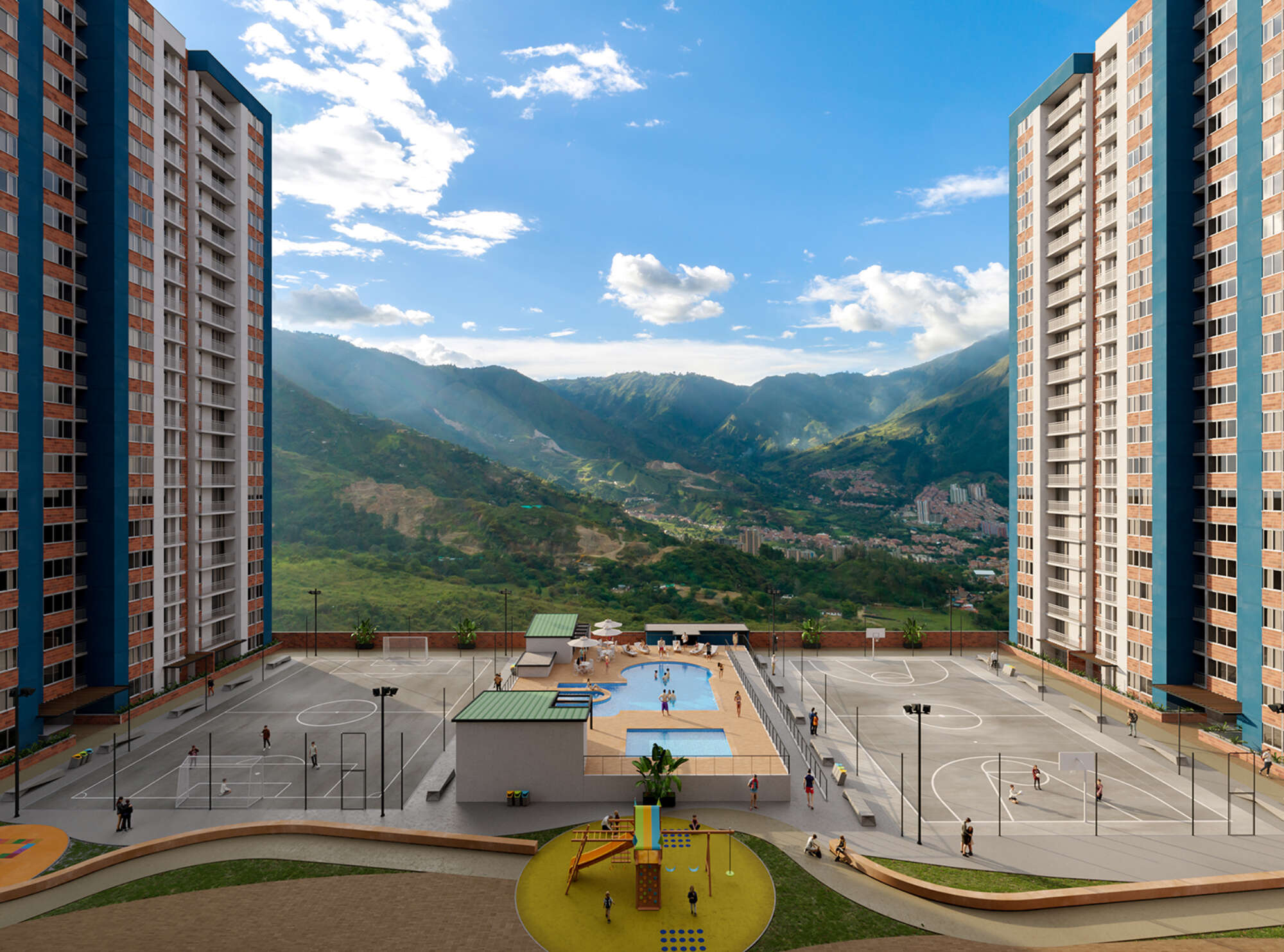 Rendering of apartment complex with sports courts in the middle and mountains in the distance.