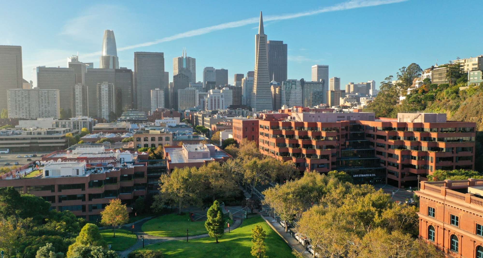 Aerial view of Levi's Plaza campus with the San Francisco skyline in the background