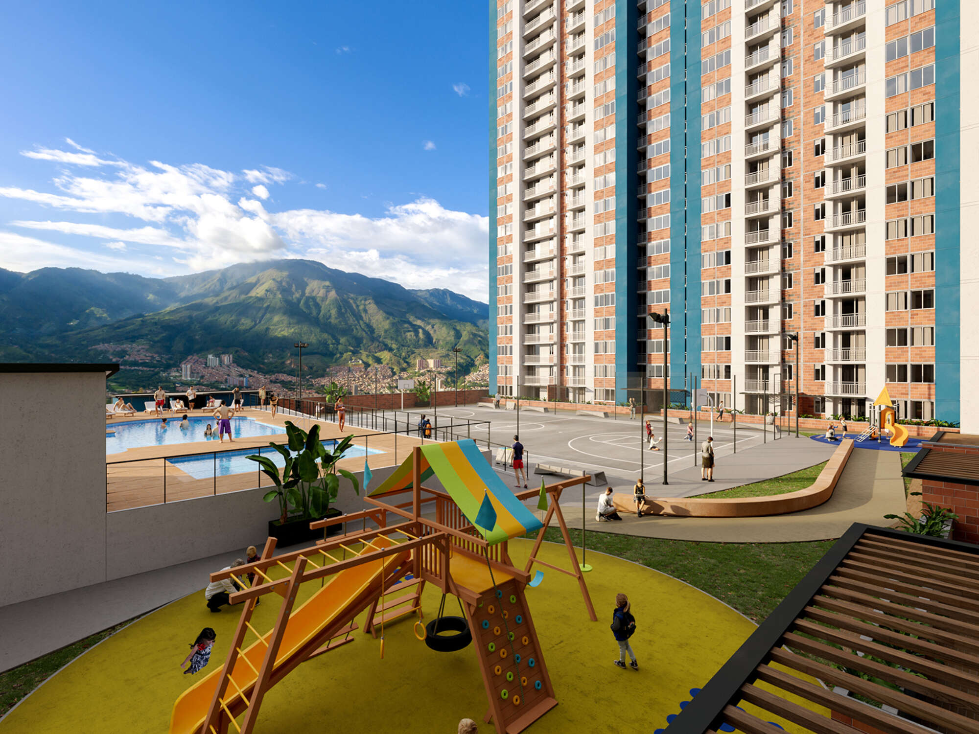 Rendering of apartment building with pool and playground in foreground and mountains and blue sky in background