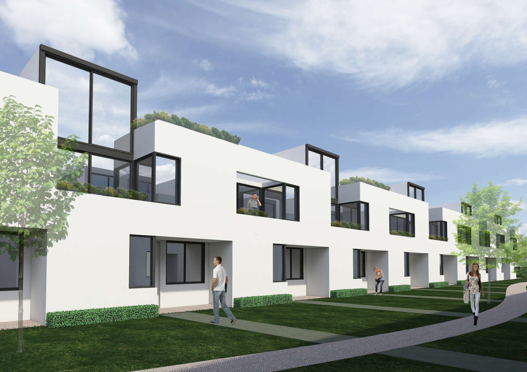 Rendering of white building with people walking by