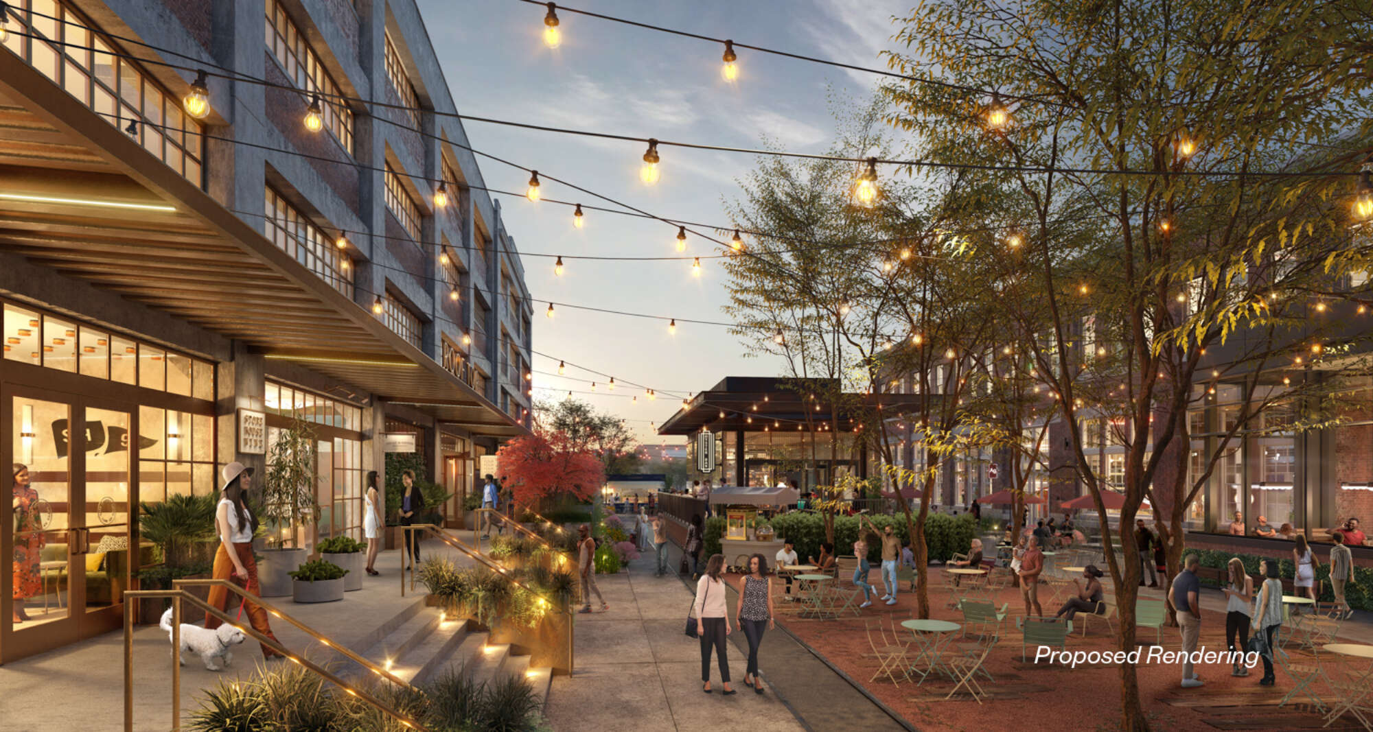 Rendering of visitors outdoors at Navy Yard Charleston's restaurants, shops, offices, and live/work units