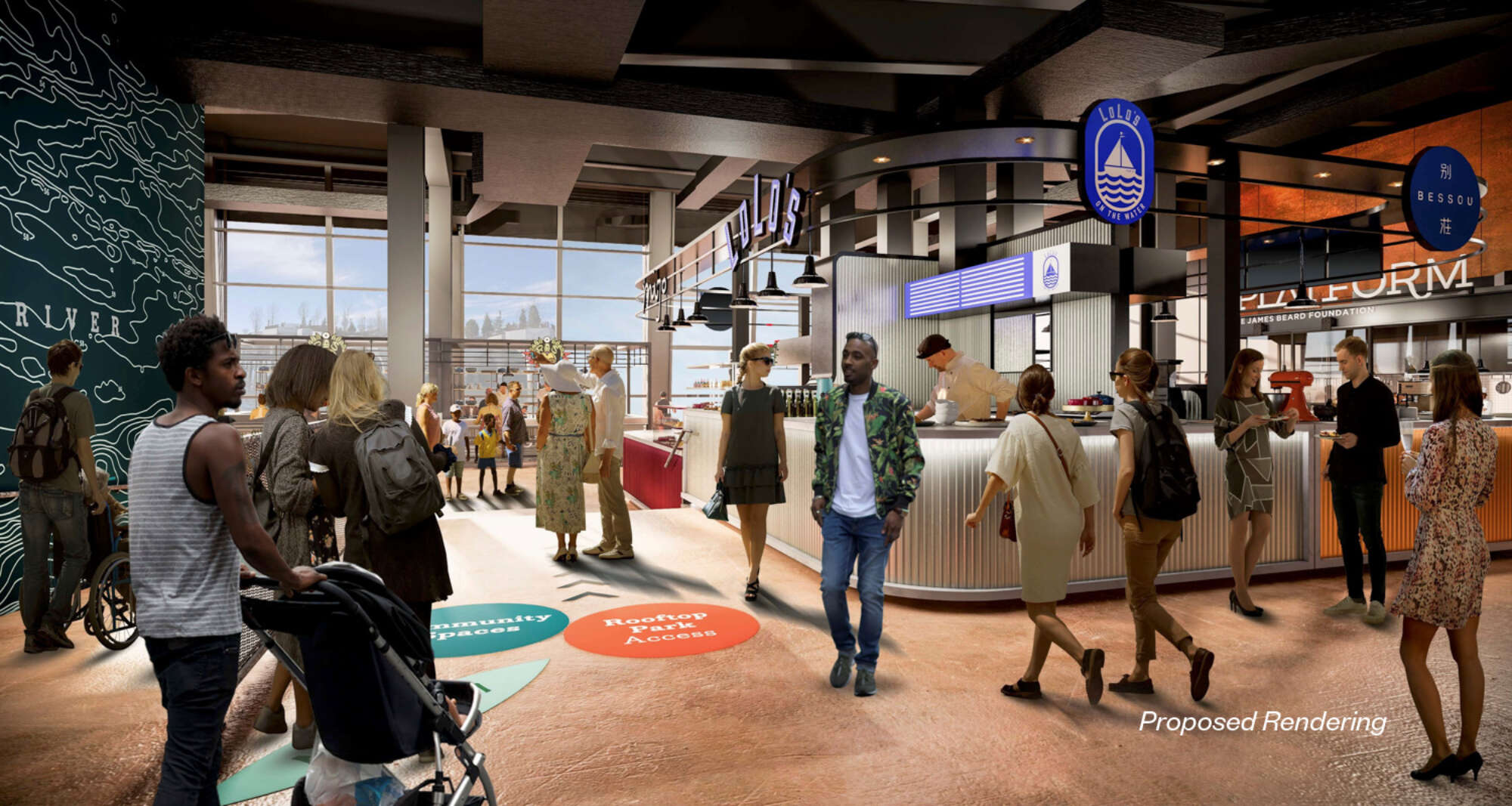 Rendering of people inside Market 57 at Pier 57